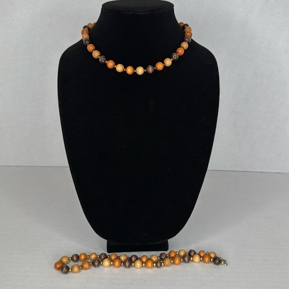 Vintage Wooden Beaded Necklace in Brown and Orange Lot A16